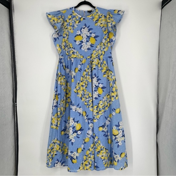 Ann Taylor Tall Ruffle Sleeve Lemon Dotted Swiss Blue Midi Dress Summer 22 Sz M - Picture 4 of 14